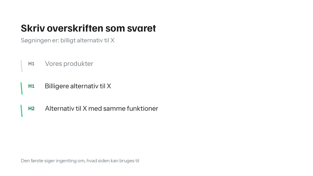 Tre overskrifter. Vores produkter siger ingenting. Billigere alternativ til X og Alternativ til X med samme funktioner matcher søgningen.