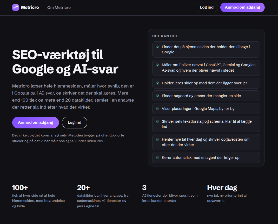 Metricros overblik med prioriterede SEO-opgaver og synlighed i Google og AI-svar